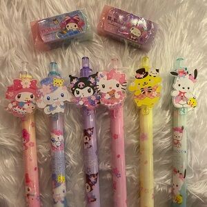 Set of 6 Sanrio Hello Kitty & friends pens plus 2 my melody erasers